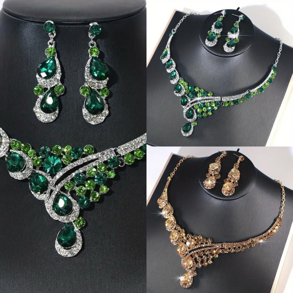 3pcs Colorful Rhinestones Peacock Style Necklace & Earrings Jewelry Set